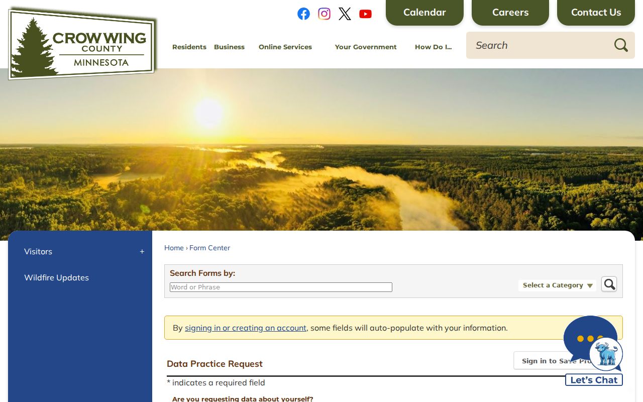 Crow Wing County data practice request form used for Crow Wing County warrant records