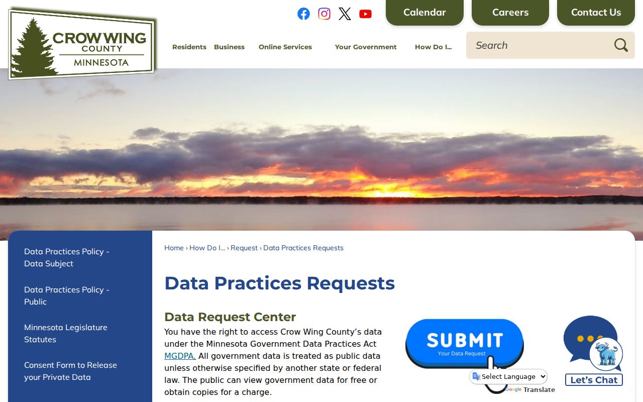 Crow Wing County data request center page for Crow Wing County warrant records