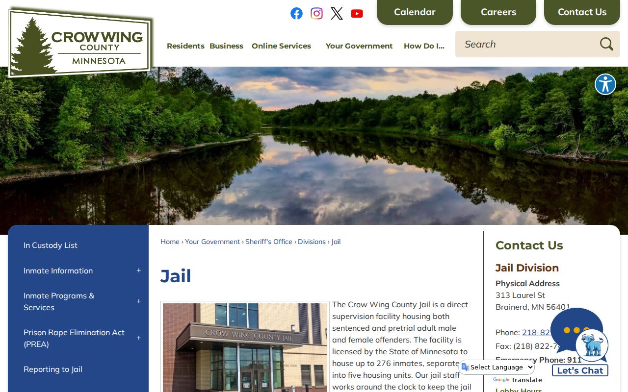Crow Wing County Jail building where bail is posted on Crow Wing County warrant records