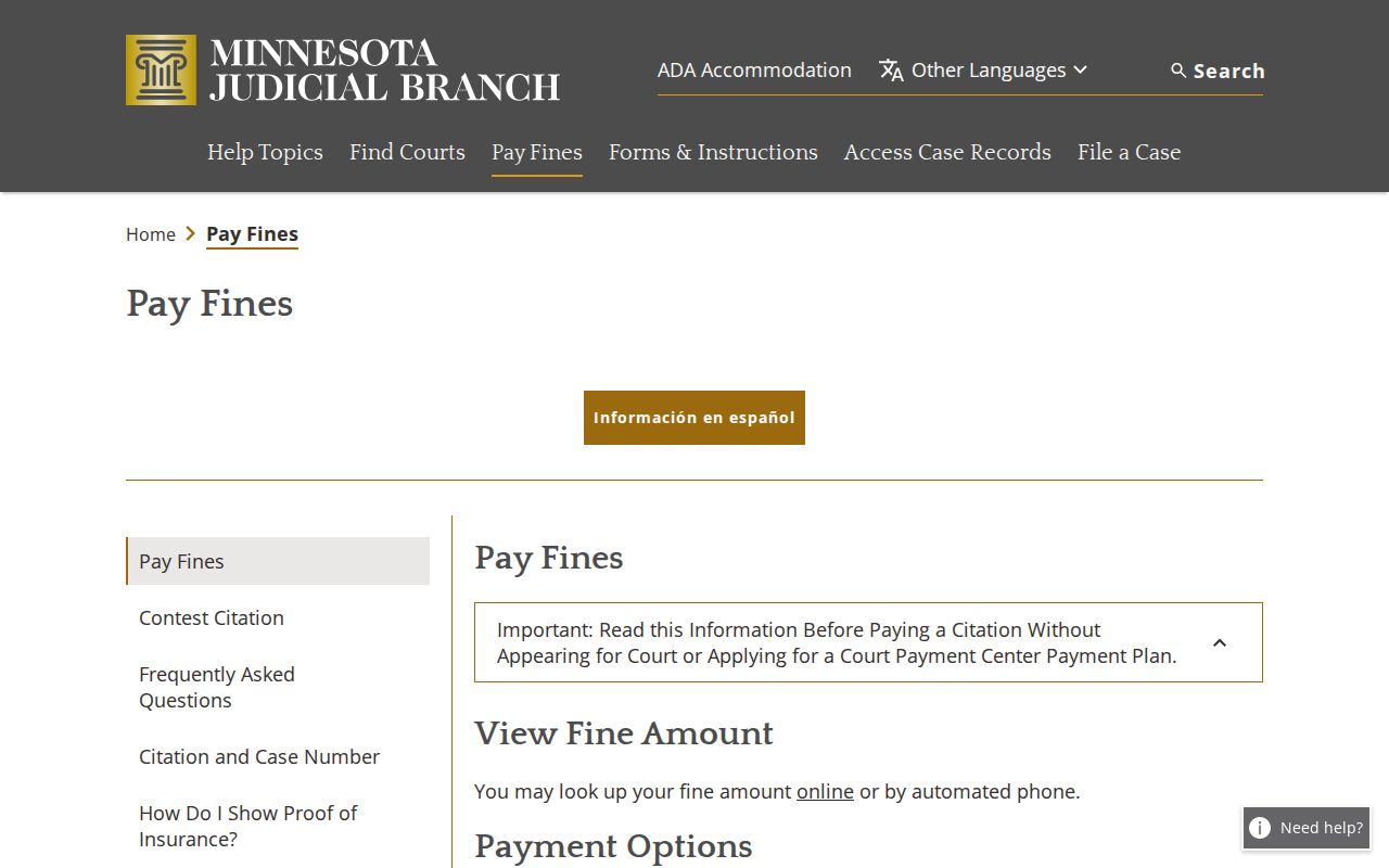 Minnesota pay fines page warning about missed court dates and Crow Wing County traffic warrants