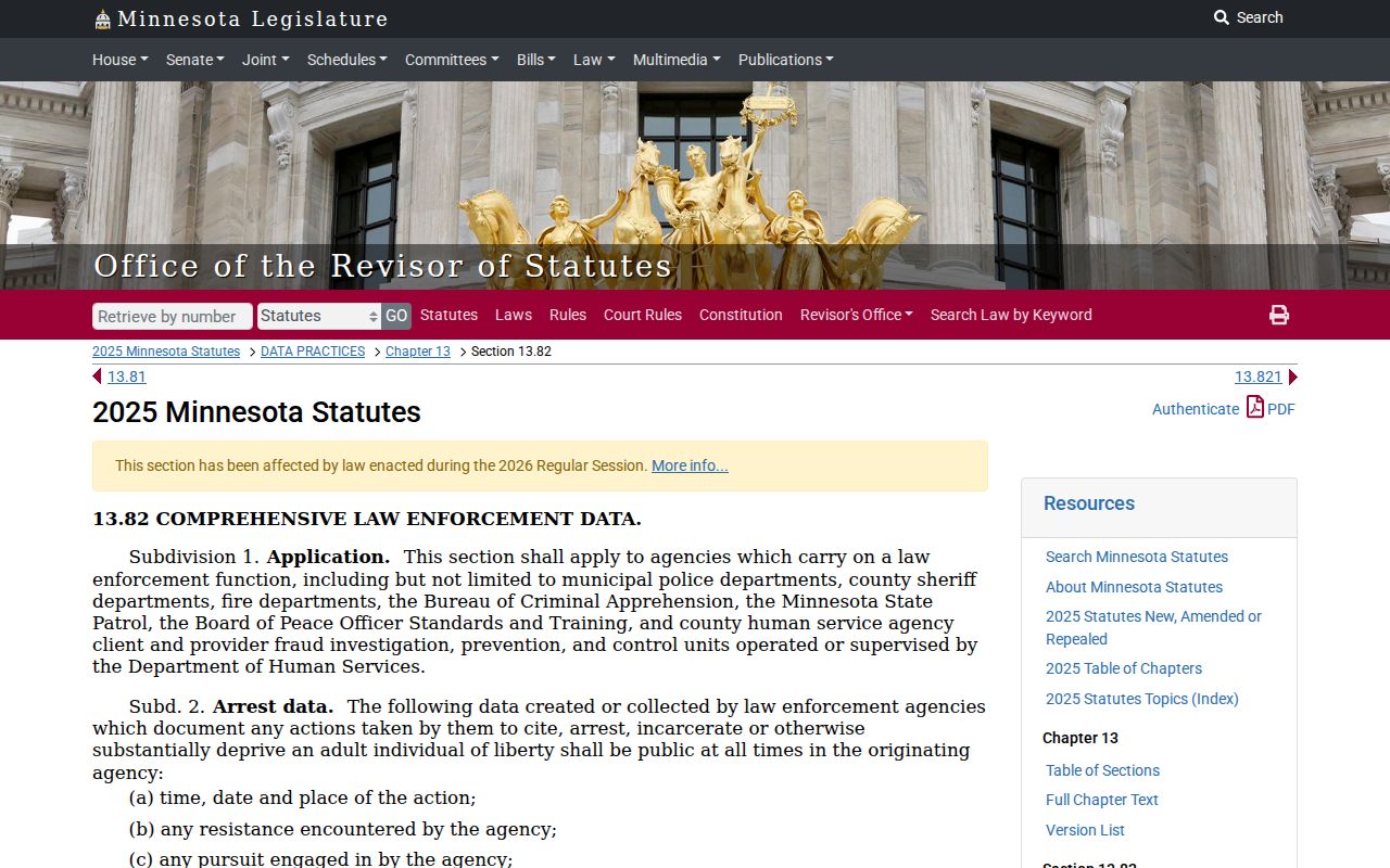 Minnesota statute text on arrest warrant index confidentiality for Crow Wing County warrant records
