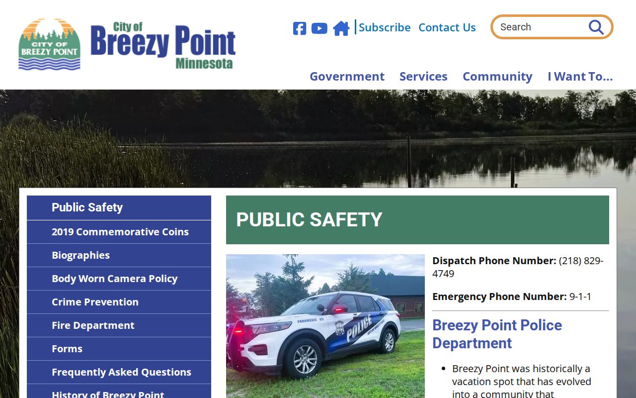 Breezy Point public safety page describing the police department behind Breezy Point warrant records