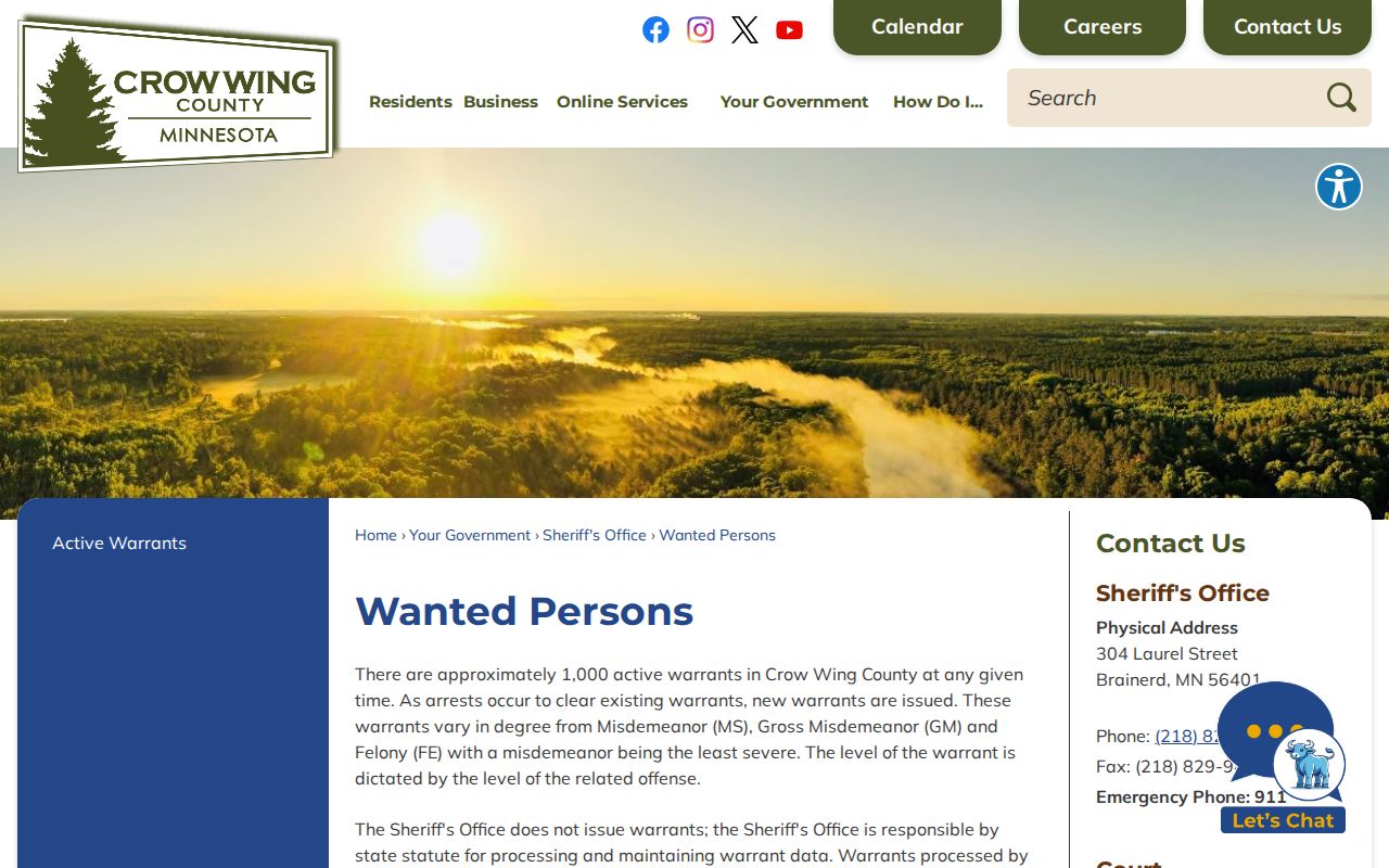 Crow Wing County Sheriff wanted persons page pointing readers to Crow Wing County warrant records and the active warrant table